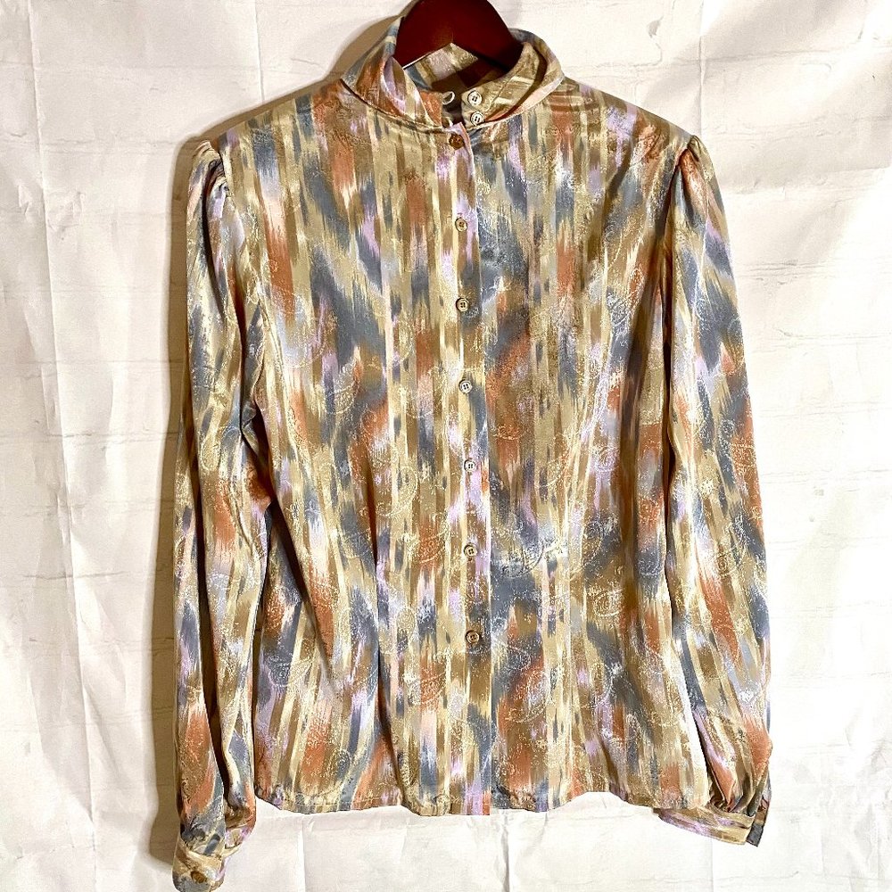 Vintage Womens Blouse 80s Nicola Paisley Multicolor Button Up Art Deco Career 10